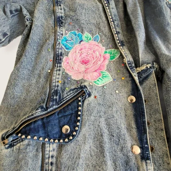 Vintage Embroidered Long Denim Jacket Blazer Zip Accent Woman's Size XL LH8009 - Picture 13 of 14